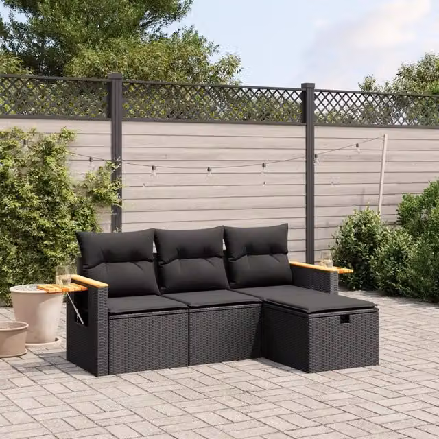Set Divani da Giardino 4 pz con Cuscini Nero in Polyrattan 3265486