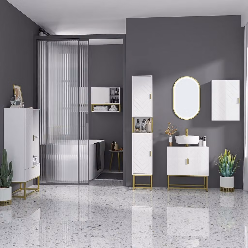 EasyComfort Colonna Bagno Moderna con 2 Armadietti e Ripiano, in MDF e Metallo, Bianco e Oro, L: 30 cm, P: 30 cm, H: 170.7 cm – 2
