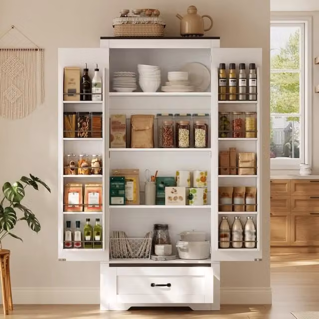 Dispensa alta con 2 ante; cassetto e ripiani regolabili; 80 x 35 x 183 cm; MDF bianco