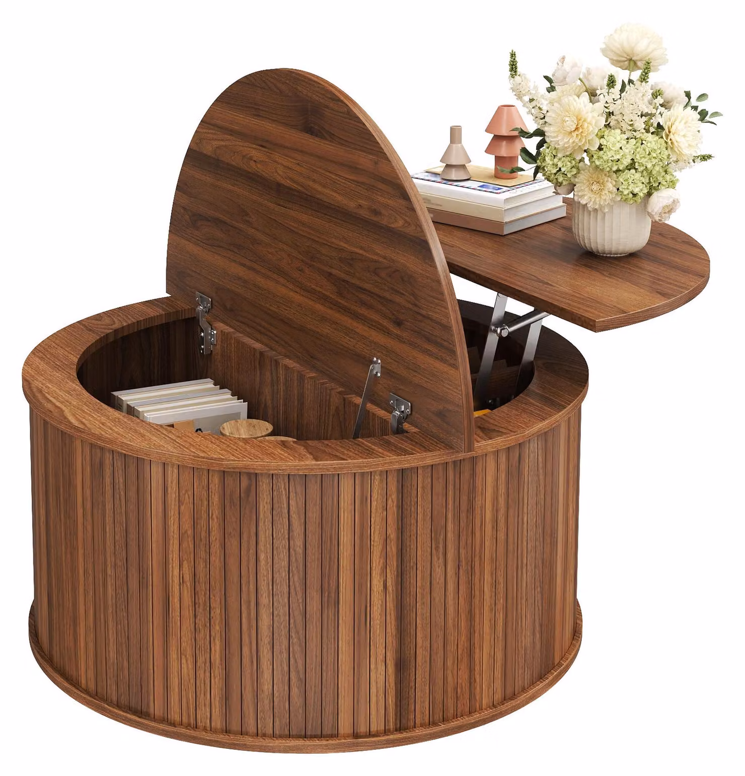 Tavolino Moonbite, forma rotonda, diametro 88 cm, legno di noce. Tavolino da soggiorno con altezza regolabile, coperchio pieghevole e spazio contenitivo. Base cilindrica scanalata, realizzata in pannello MDF, finitura noce