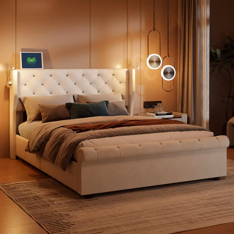 UnboxG Letto imbottito 160x200cm con USB, letto a molle idrauliche con rete e contenitore, letto matrimoniale in velluto con contenitore a LED, letto funzionale, beige