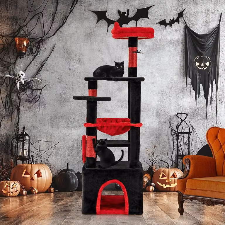 COSTWAY tiragraffi alto 133 cm, albero gotico per gatti di Halloween con caverna, piattaforme, amaca, tiragraffi e gioco del ragno nero rosso