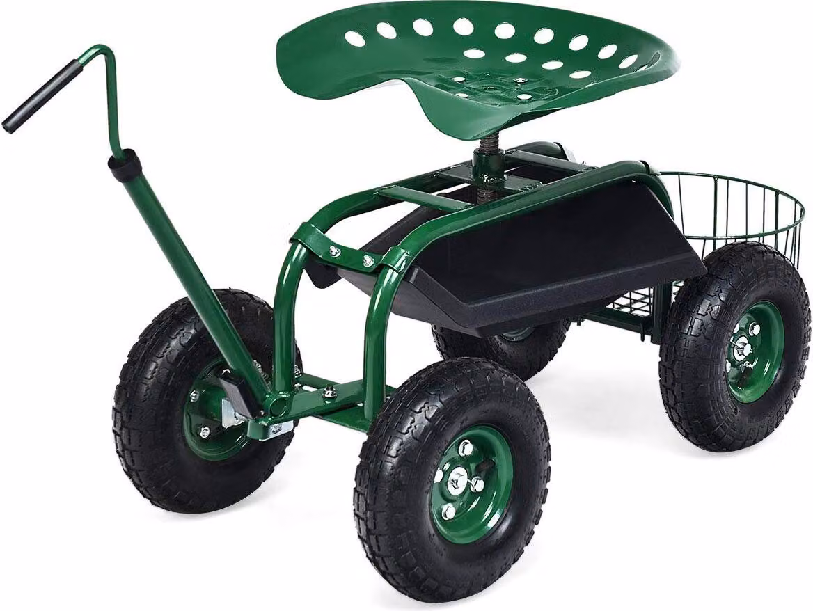 Scooter da giardino con cestino portaoggetti e vassoio, sedile mobile per lavori di giardinaggio, sedile su ruote con maniglia estensibile, sgabello da giardino fino a 150 kg