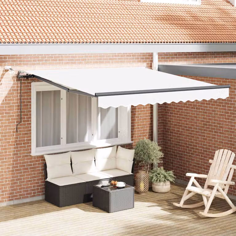 Tenda retrattile vidaXL con bracci pieghevoli e telecomando, Bianco, Poliestere e Metallo, L: 350 cm x P: 250 cm