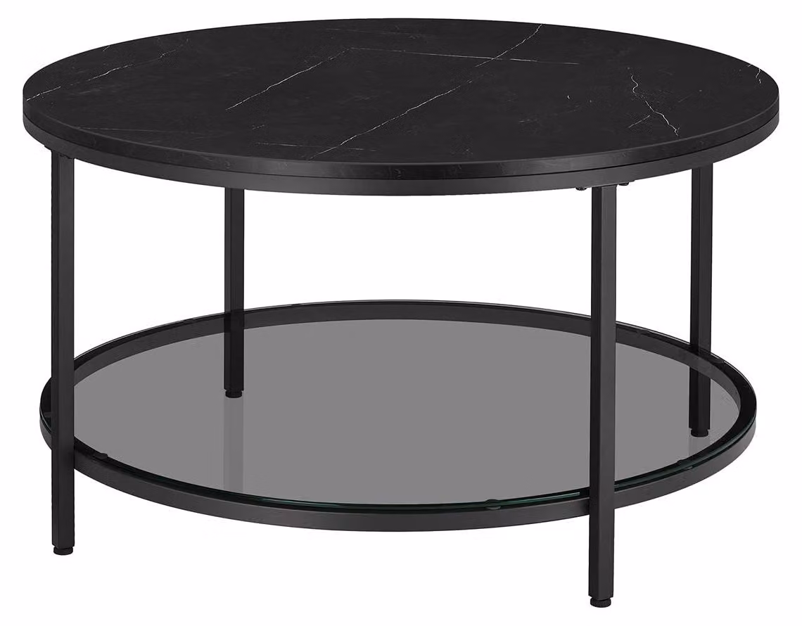 Tavolino da caffè con finitura effetto marmo nero – vetro temperato e acciaio – 80 x 46 cm – 30 kg
