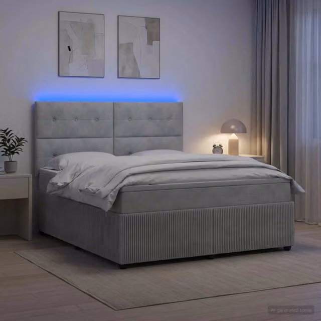 Letto Box Spring vidaXL con Materasso Ibrido Grigio e Bianco, Illuminazione LED e Porte USB, L/P: 140 x 200 cm – 1