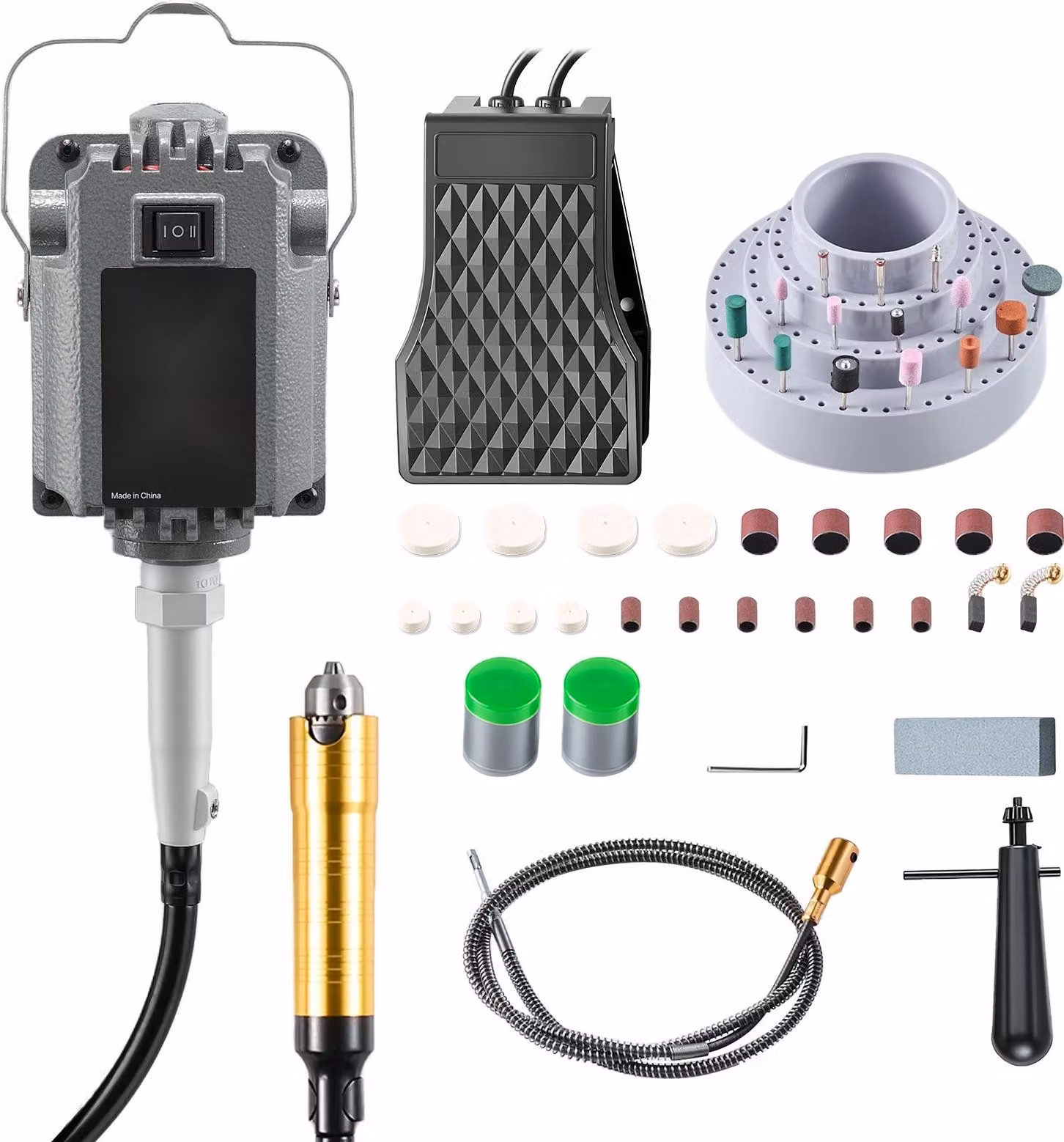 Utensile elettrico multifunzione - Utensile rotante con albero flessibile - 1200 W - 30.000 giri/min - Comando a pedale - Motore sospeso - 112 accessori per levigatura, lucidatura, taglio