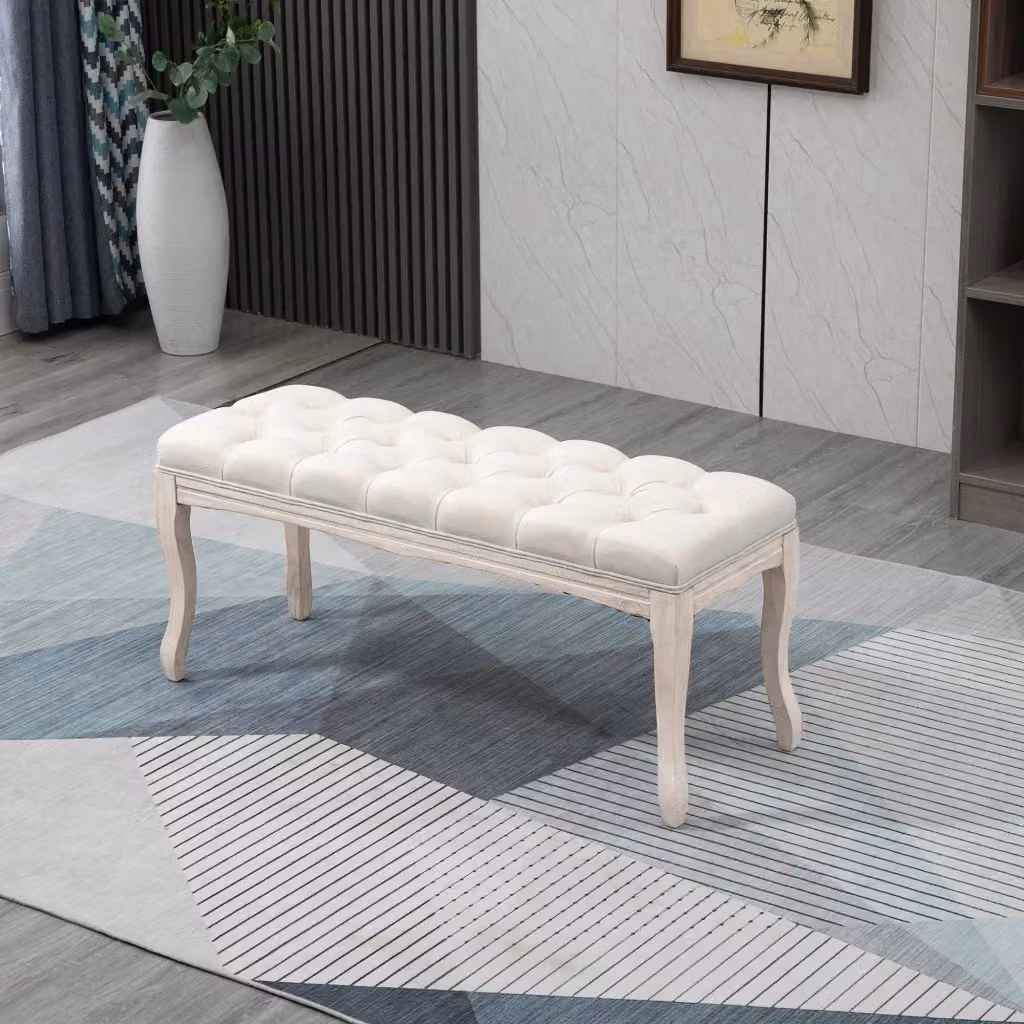 EasyComfort Panca Fondoletto Vintage con Seduta Imbottita in Tessuto e Gambe in Legno di Rubberwood, L: 110 cm, P: 40 cm, H: 48 cm, Beige – 2