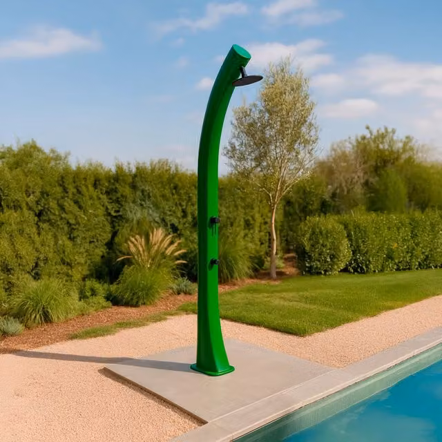 Doccia solare per giardino MPC Modello Rio Xxl in polietilene con serbatoio da 40 litri e soffione rotondo, disponibile nei colori verde o nero
