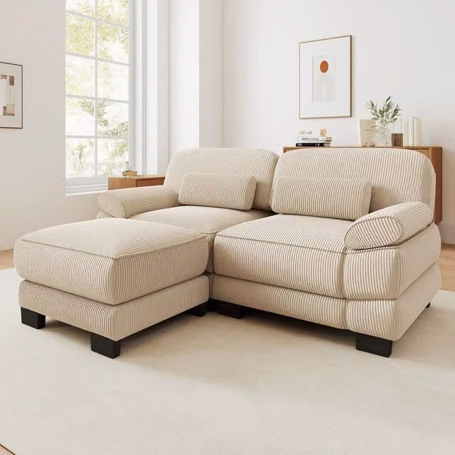 Divano modulare angolare con pouf in velluto a coste beige; 194 x 161 x 94 cm