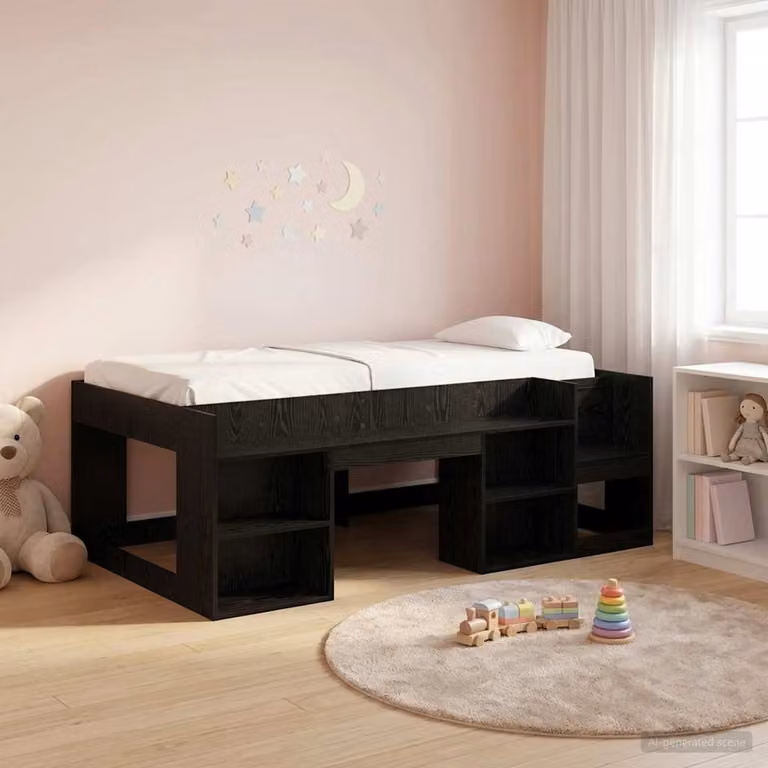 vidaXL Letto Singolo Rialzato per Bambini con Ripostiglio Laterale, Nero, L/P/H: 203 x 120 x 105,5 cm
