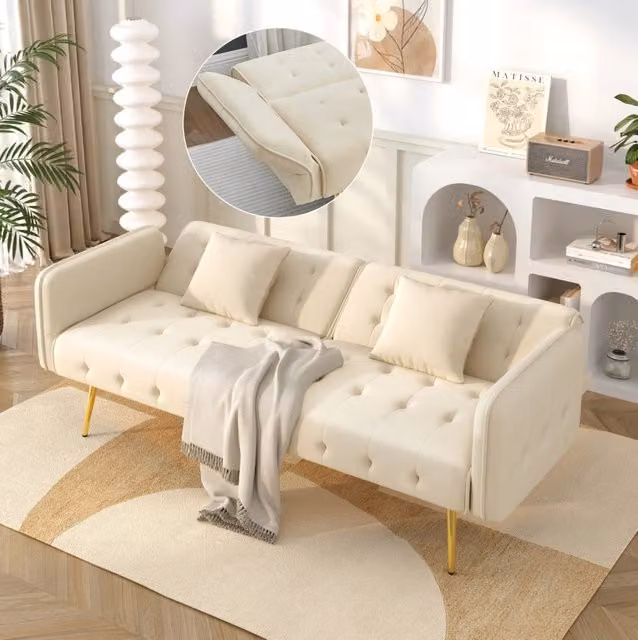 Divano letto a 2 posti convertibile 215x81;5 cm in velluto beige con schienale regolabile