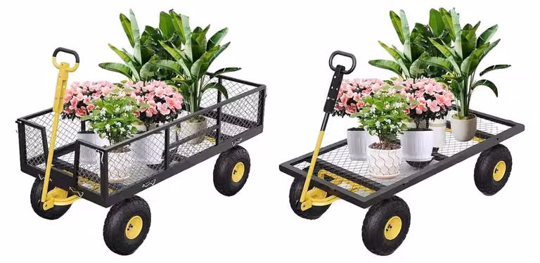 Carrello da giardino, capacità di carico 410 kg, dimensioni 109 x 51 x 54 cm, pneumatici grandi da 25 cm, struttura in metallo, pareti laterali removibili