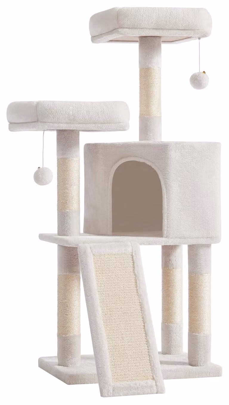 Feandrea, tiragraffi piccolo, con superficie per graffiare, piattaforme, 115 cm – Bianco crema
