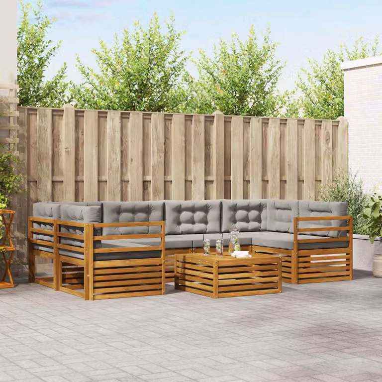 Set di divani da esterno vidaXL a forma di U composto da 7 pezzi in legno di acacia con cuscini inclusi, colore grigio e marrone