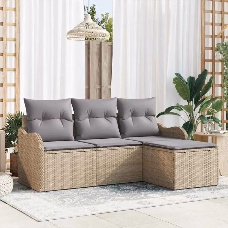 Set Divano da Giardino L-Shape vidaXL in Polyrattan Beige con Cuscini e Pouf con Funzione di Archiviazione
