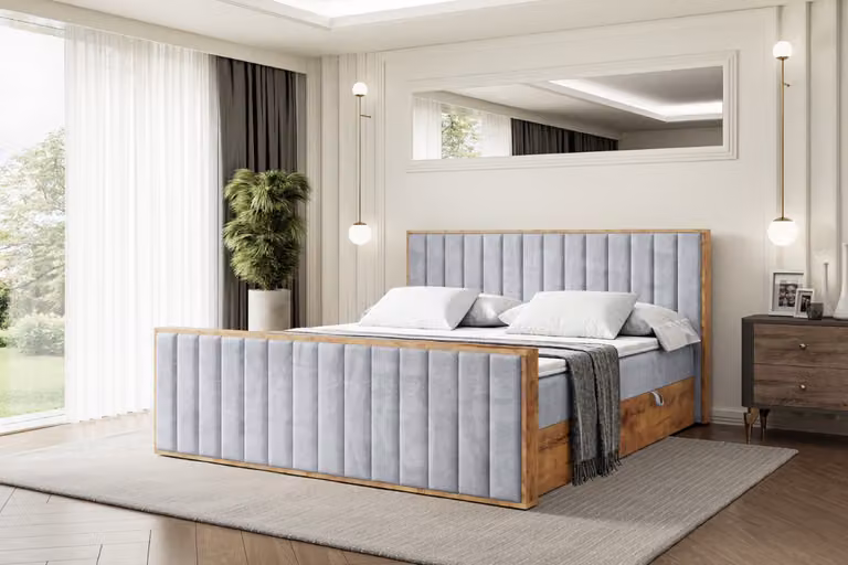 Letto boxspring ALTDECOR con materasso e rete a doghe, topper, pediera, letto imbottito con contenitore, letto con spazio contenitivo, materasso H4, letto matrimoniale, letto a cassettoni - LOLLI4-Z - 180x200 - Grigio Monolith