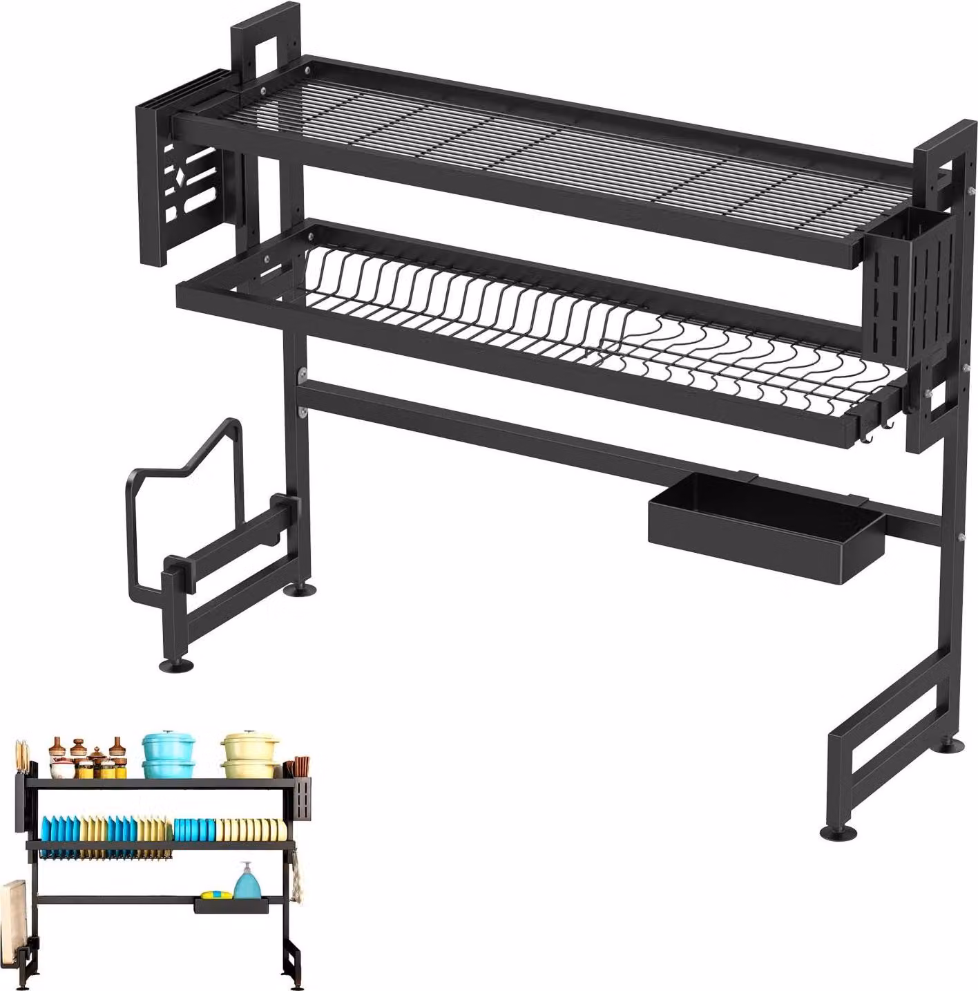 Ripiano per lavello, design salvaspazio, Acciaio al carbonio resistente, nero, L, 2 livelli