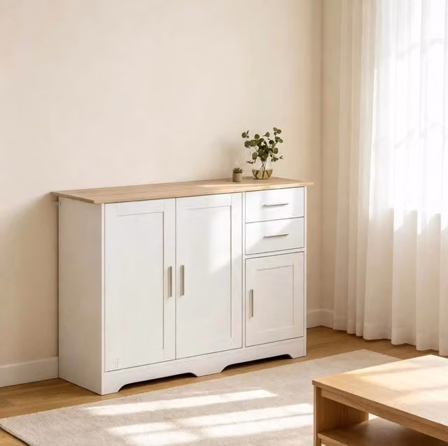 Credenza moderna con 2 ante e 2 cassetti in MDF per soggiorno, cucina o ingresso, colore bianco e beige