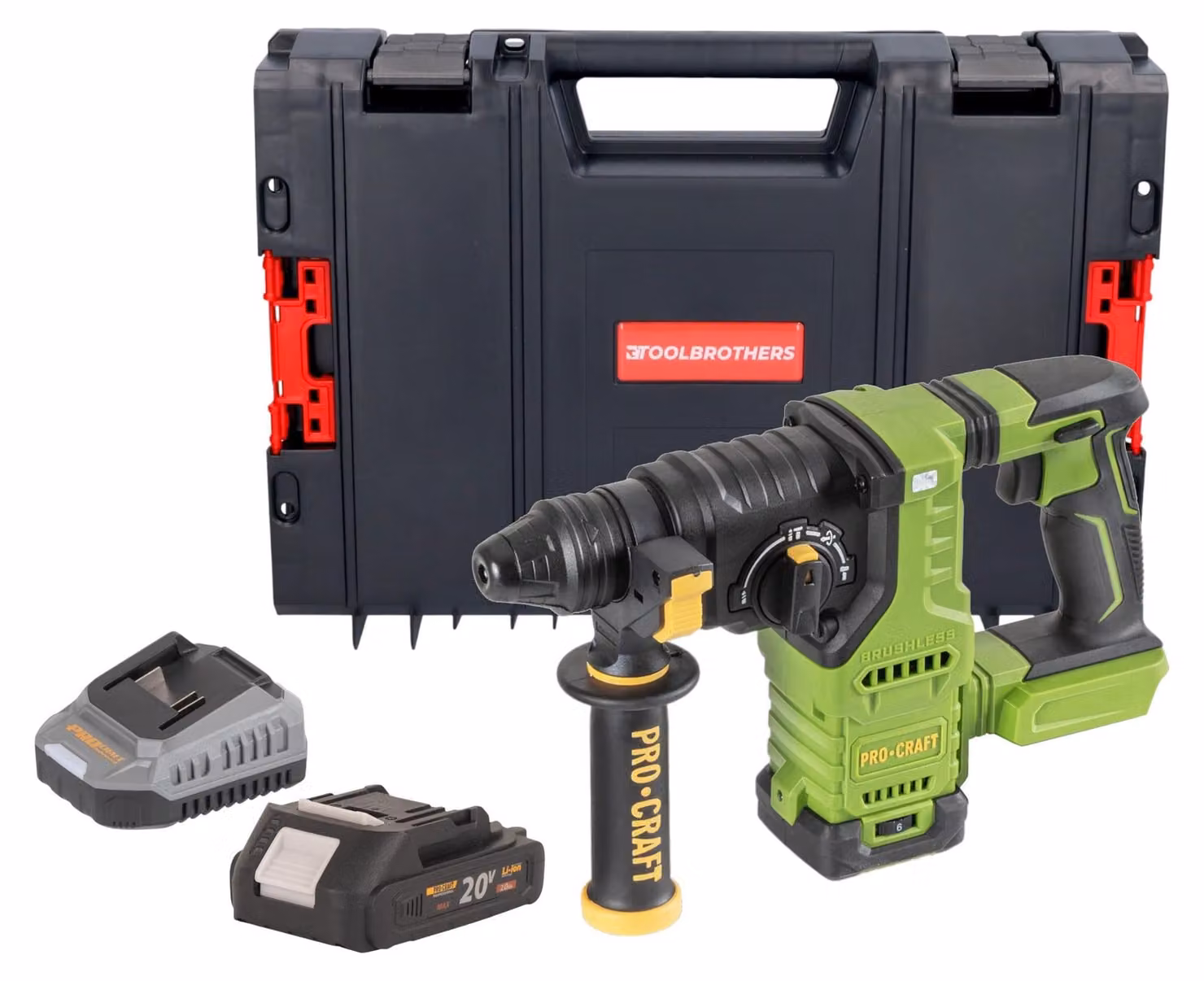 Procraft PHA30bb Trapano a percussione a batteria 20 V 2,8 J SDS plus Brushless + 1x batteria 2,0 Ah + caricabatteria + valigetta porta attrezzi RHINO