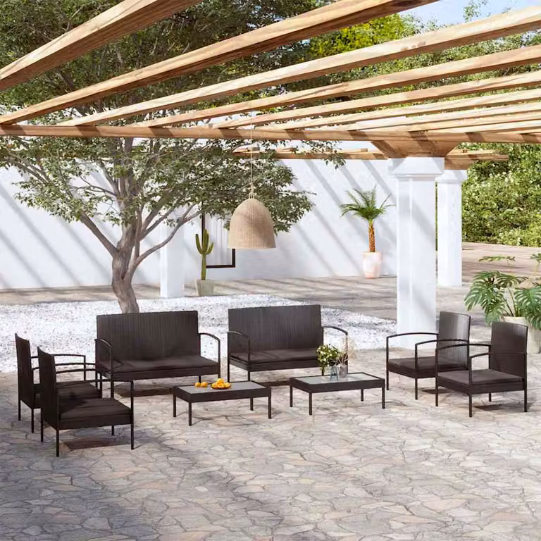 Set Divani da Giardino vidaXL 8 Pezzi con Cuscini e Tavolino, Polyrattan Nero e Struttura in Acciaio Verniciato a Polvere
