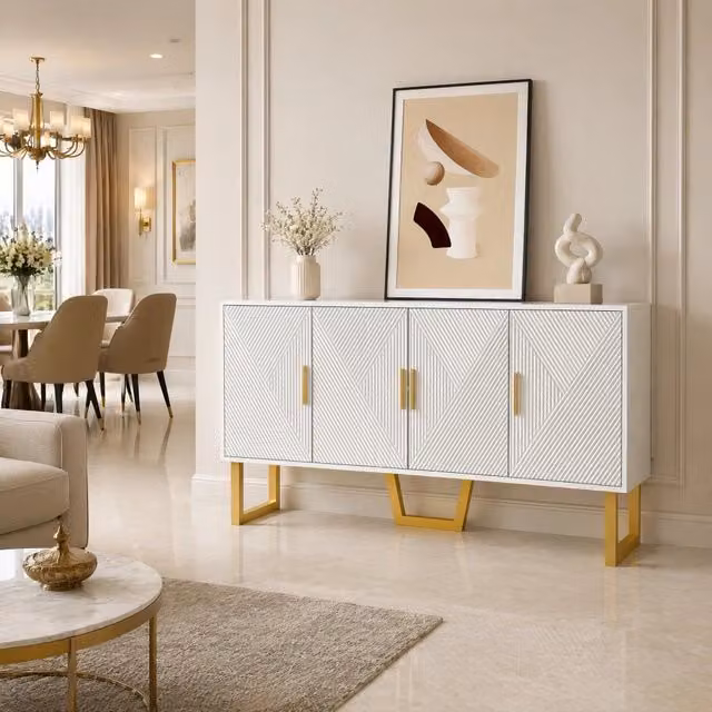 Sideboard moderno 150 cm a 4 ante; ripiani regolabili; bianco; MDF e pannello truciolare