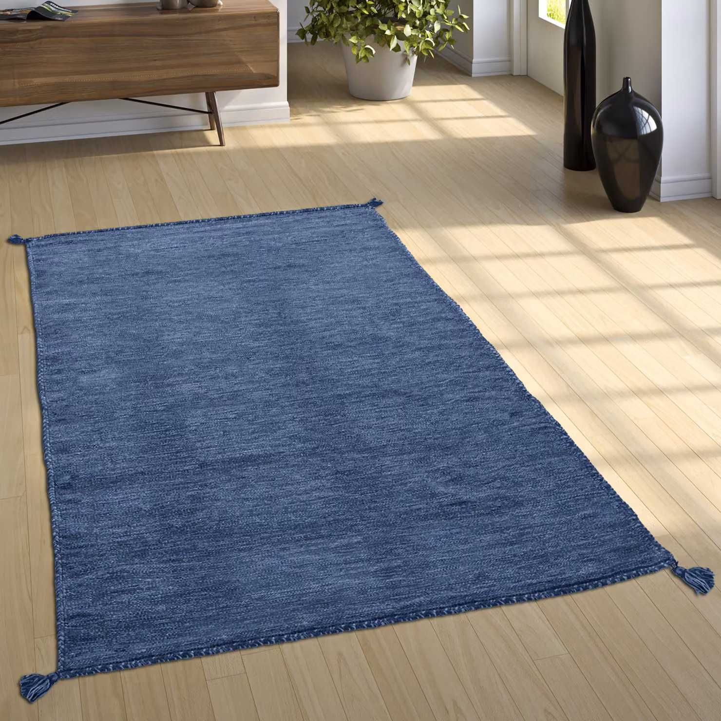 Tappeto Kilian blu fatto a mano in cotone stile scandinavo L 120 cm x P 170 cm – 2
