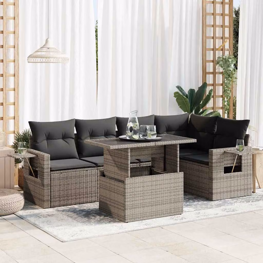 Set Divano da Giardino vidaXL 6 pz a Forma di L con Cuscini Grigio in Polyrattan e Tavolino da Esterno