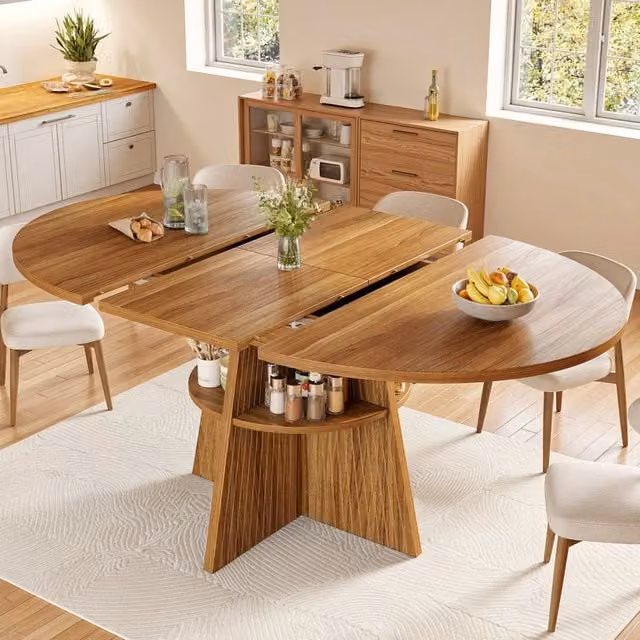 Tavolo da pranzo allungabile con vano aperto, piano spesso e bordi arrotondati, marrone scuro, 110-150 × 110 × 76 cm