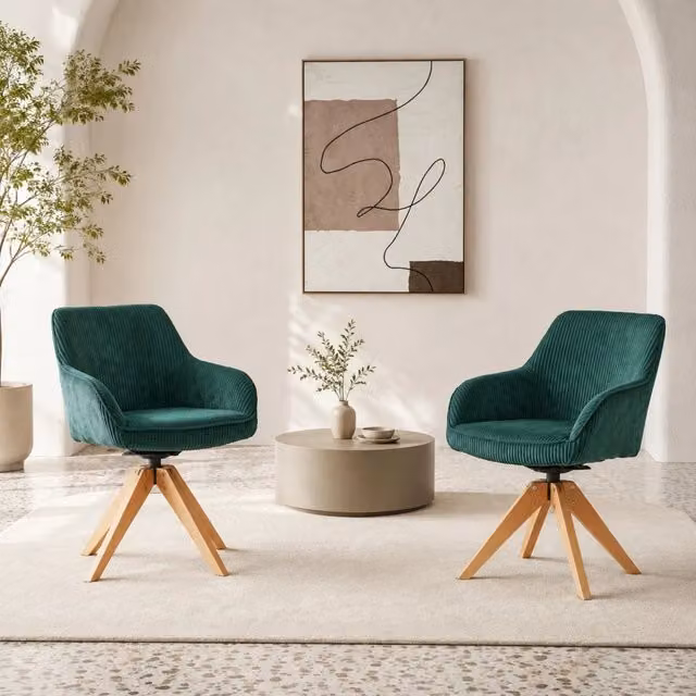 Set di 2 sedie girevoli da pranzo in velluto verde scuro con gambe in legno massello
