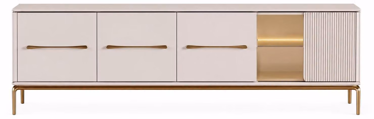 Elegante mobile TV con finitura effetto marmo e dettagli decorativi dorati