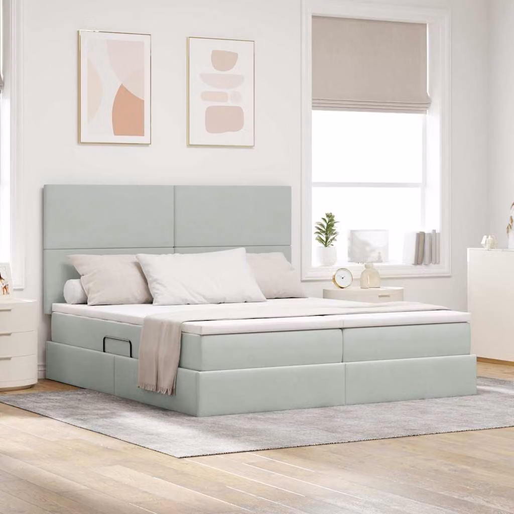 Letto moderno vidaXL con contenitore a sollevamento, testiera in velluto e illuminazione LED, Grigio, L/P/H: 180 x 200 x 128 cm