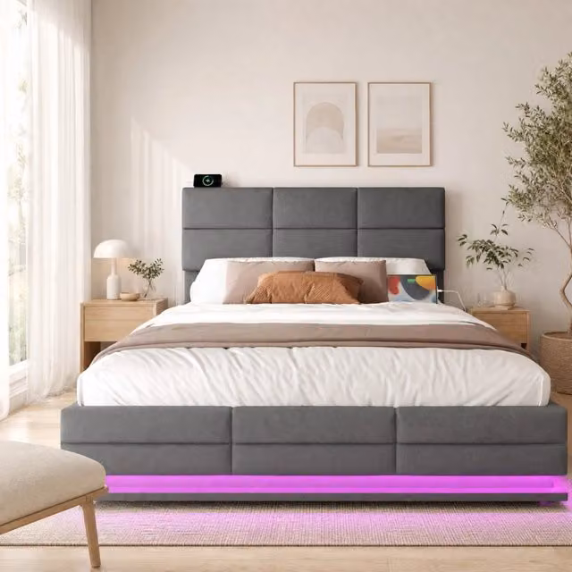 Letto imbottito REDOM in velluto grigio con porta USB, illuminazione sottostante e contenitore con sollevamento idraulico L/P/H: 140 x 200 x 115 cm