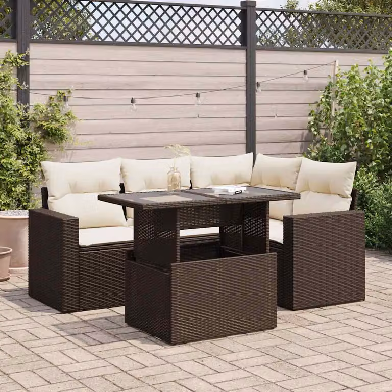 Set Divano da Giardino vidaXL 5 pz a Forma a L con Cuscini, Colore Marrone e Bianco, in Polyrattan e Metallo con Tavolino da Esterno