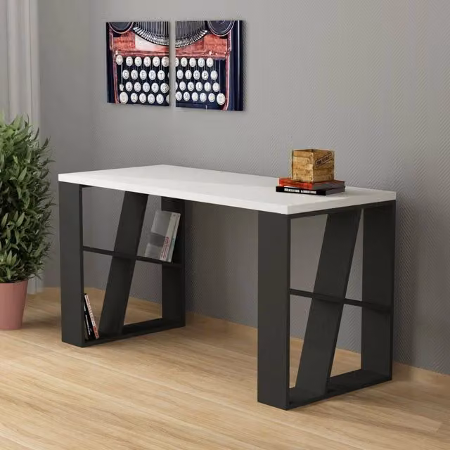 Scrivania Eloi DMORA con struttura antracite e piano bianco, L: 140 cm, P: 60 cm, H: 75 cm – 1