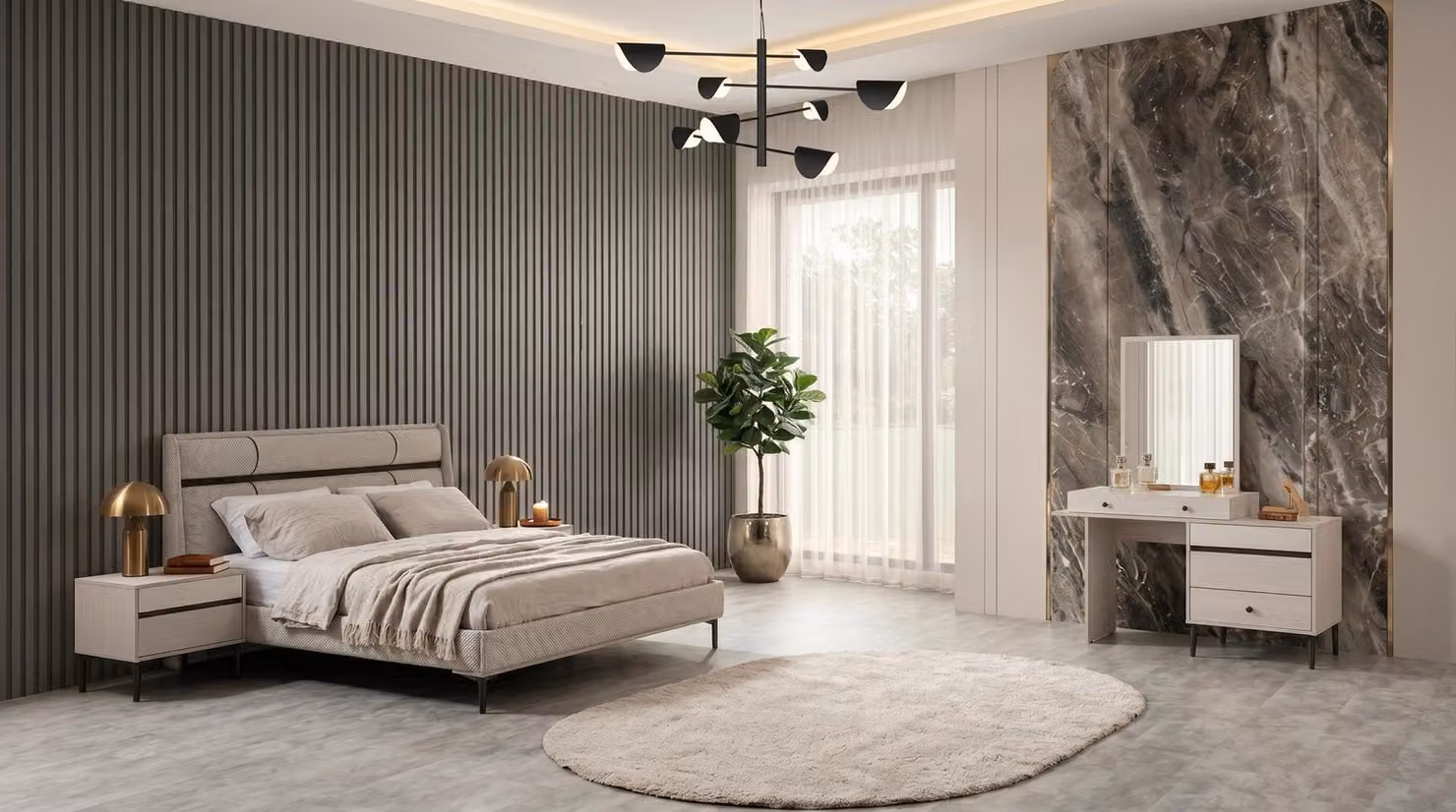 Set di camere da letto color beige, con letto confortevole, comò, comodini e finiture