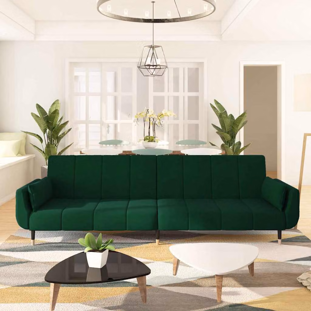vidaXL Divano Letto Click-Clack a 2 Posti in Velluto Verde con Cuscini e Poggiatesta Regolabile L: 220 cm, P: 84,5 cm, H: 69 cm – 1