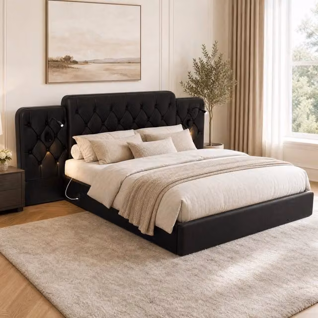 Letto con testiera lunga in velluto nero, con sistema idraulico e grandi scomparti, 160x200 cm