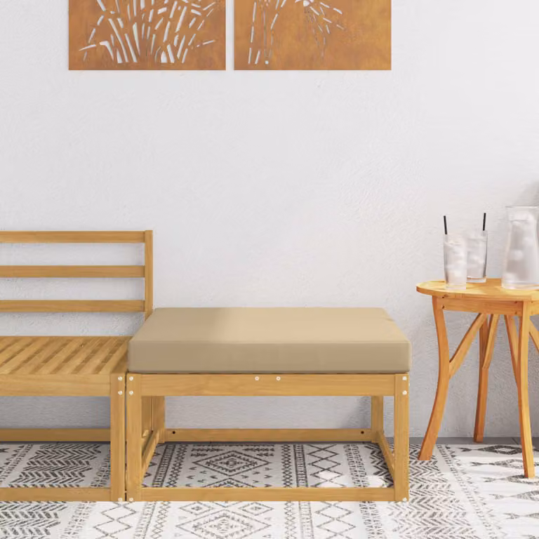 vidaXL Poggiapiedi da Esterno in Legno di Acacia con Tessuto Bianco e Beige L: 79 cm, P: 37 cm, H: 37 cm