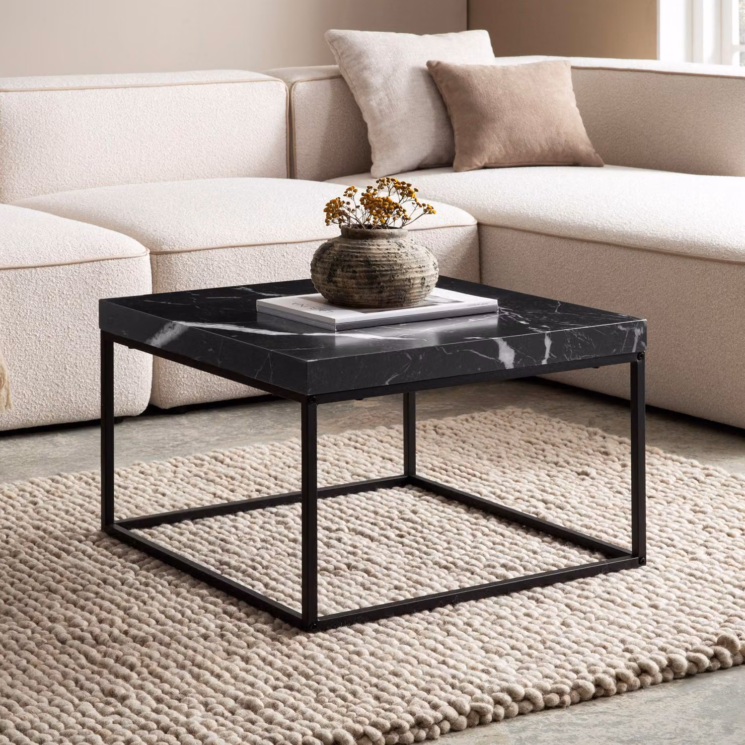 FineBuy, tavolino da caffè 60x60x38 cm, nero, design moderno, tavolino per divano, forma quadrata, tavolino da salotto, tavolino da lounge, piccolo, gambe in metallo