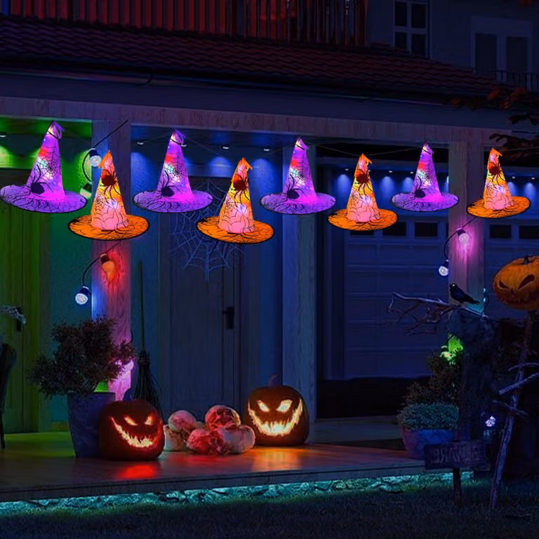 8 cappelli a punta da appendere con luci, decorazioni per Halloween, colorati