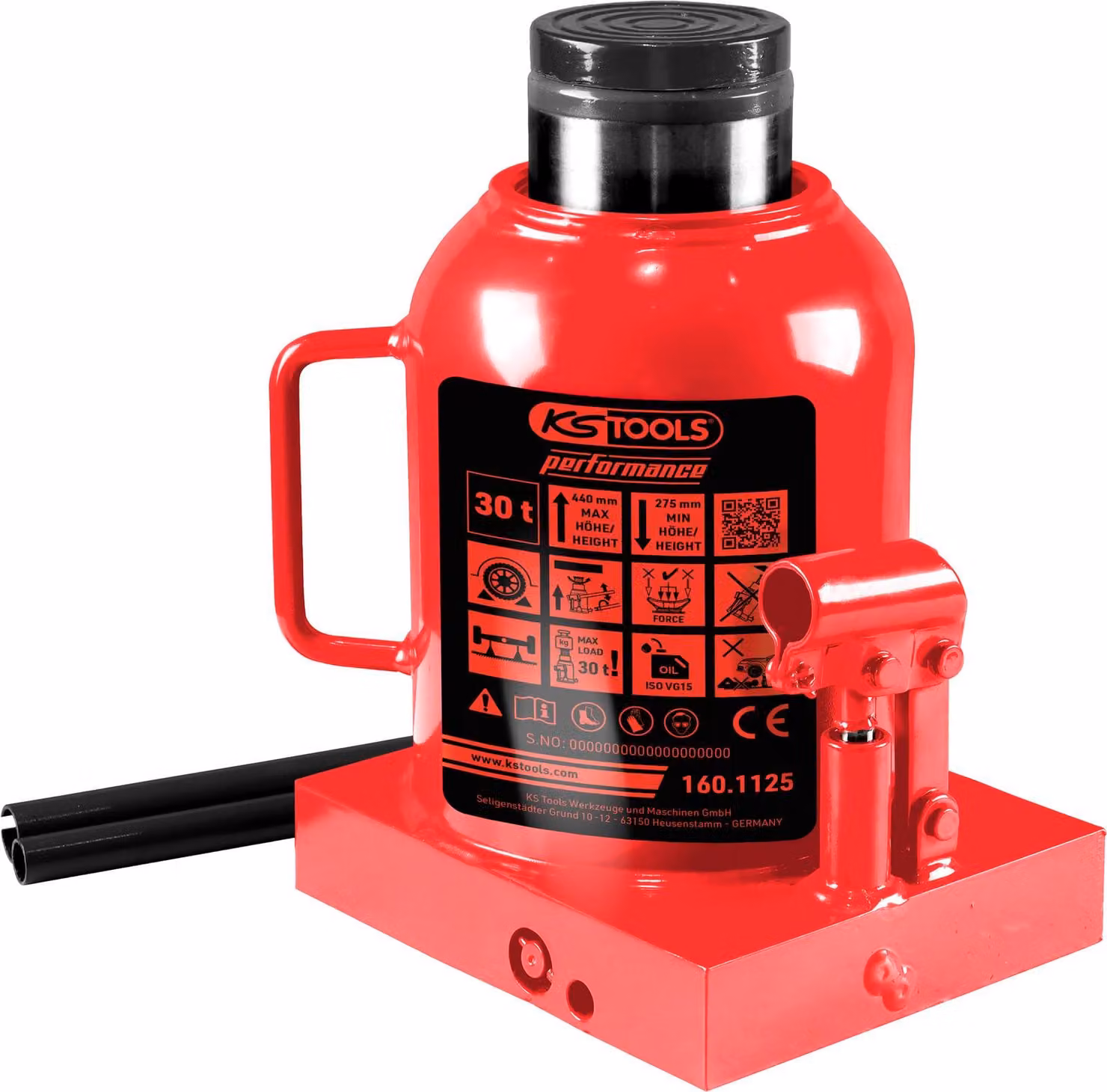 Sollevatore idraulico per bottiglie, portata 30000 kg, altezza da 275 a 440 mm, colore rosso