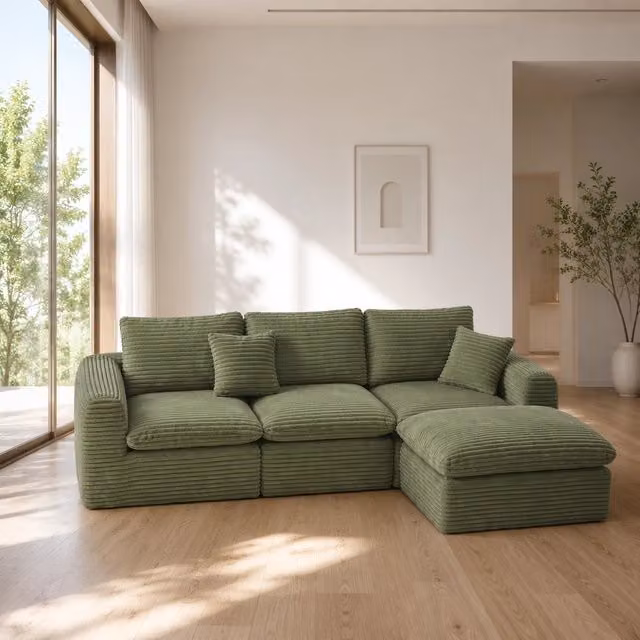 Divano modulare convertibile in letto Mivray in velluto a coste verde con 3 moduli e imbottitura mista