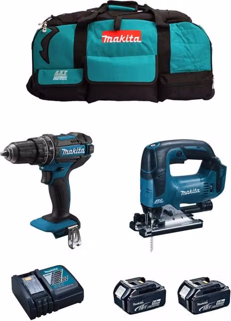 Makita Kit MK202 con Trapano Avvitatore DHP482, Ventola DJV182, 2 Batterie da 5,0 Ah e Caricatore DC18RC Serie LXT