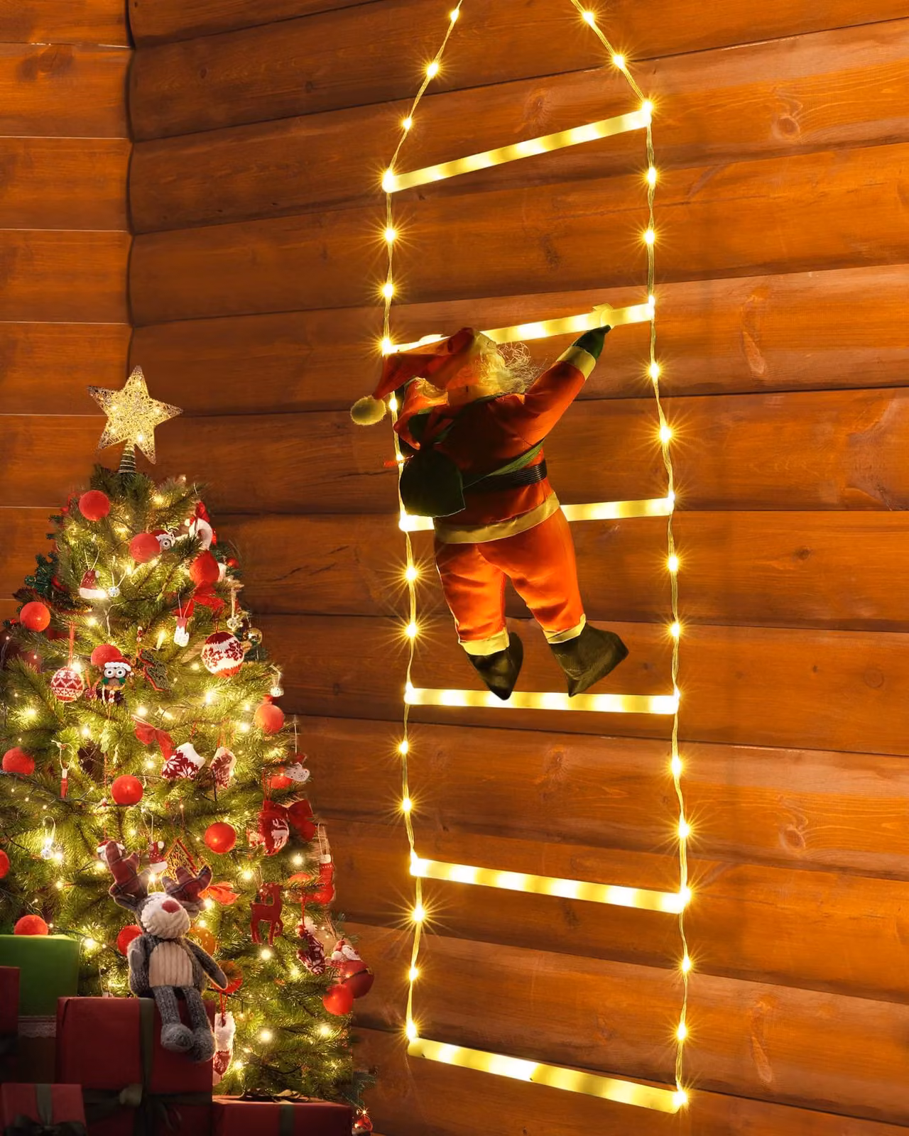 Catena luminosa a LED, lunghezza 0,75 m, 98 LED, decorata con un Babbo Natale, con timer, luce bianca calda
