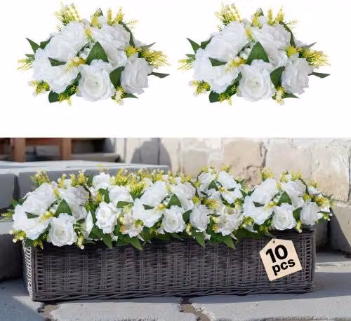 VEVOR Bouquet di Rose Artificiali Bianche per Centrotavola, Set da 10 Pezzi, Diametro: 24 cm