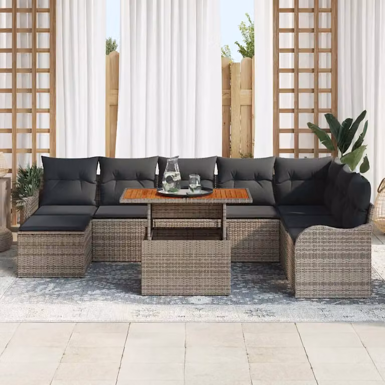 Set Divano da Giardino vidaXL 9 pz in Polyrattan Grigio con Cuscini e Tavolino