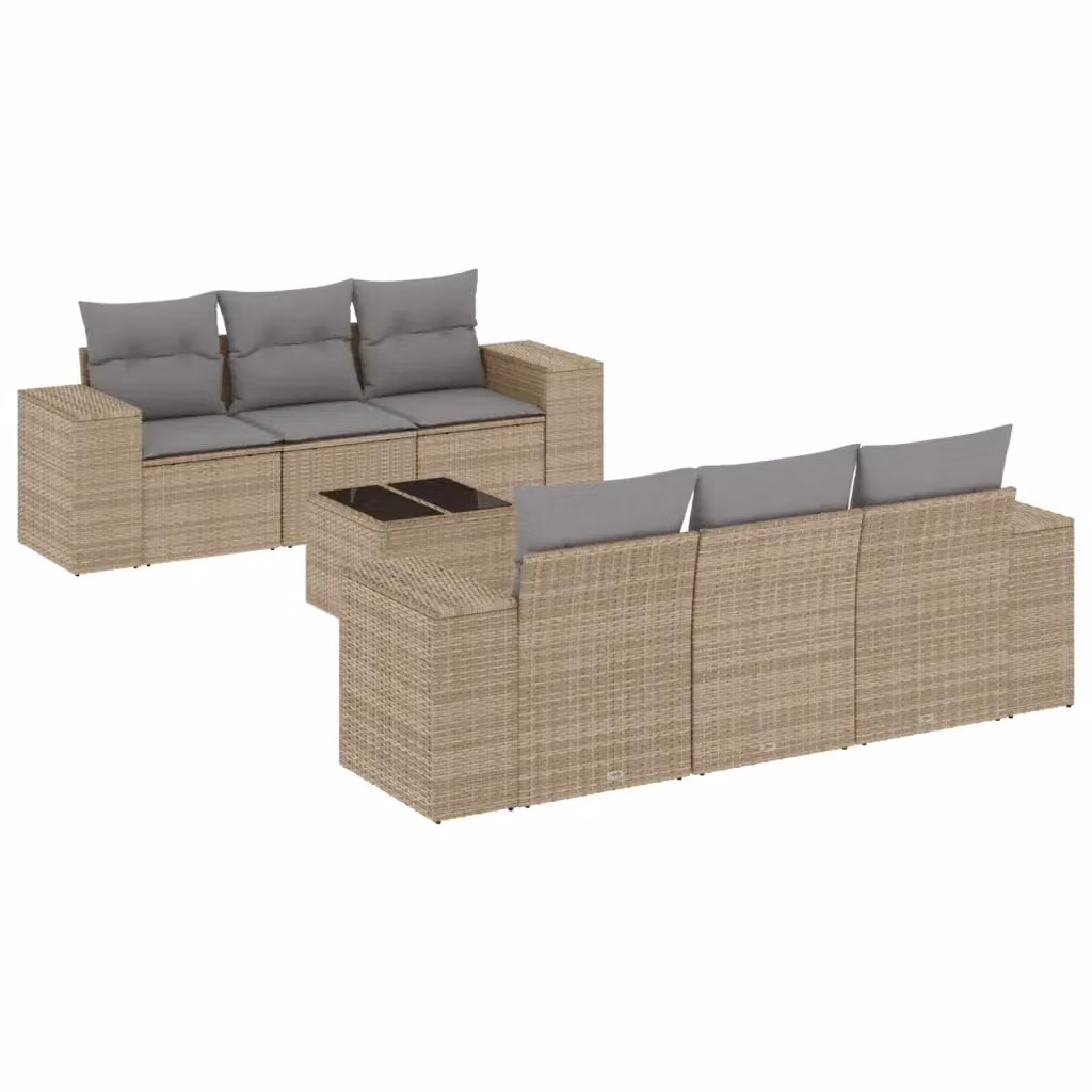 vidaXL Set Divani da Giardino 7 Pezzi con Cuscini Beige e Tavolino in Polyrattan e Acciaio – 2
