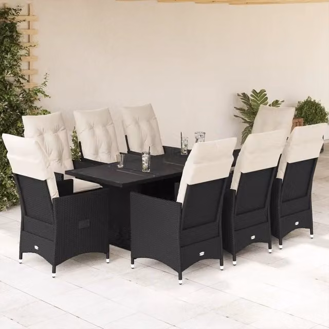 Set da pranzo da giardino vidaXL in polyrattan nero e bianco con 9 pezzi e piano in vetro – 1