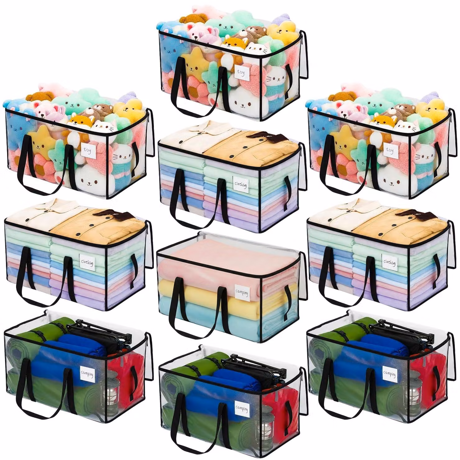 Omgoods - Borsa portaoggetti da 90 litri - Trasparente - Con coperchio - Con chiusura a zip - Con maniglia - Set da 10 pezzi - Adatta per lo stoccaggio di abbigliamento - Contenitori portaoggetti